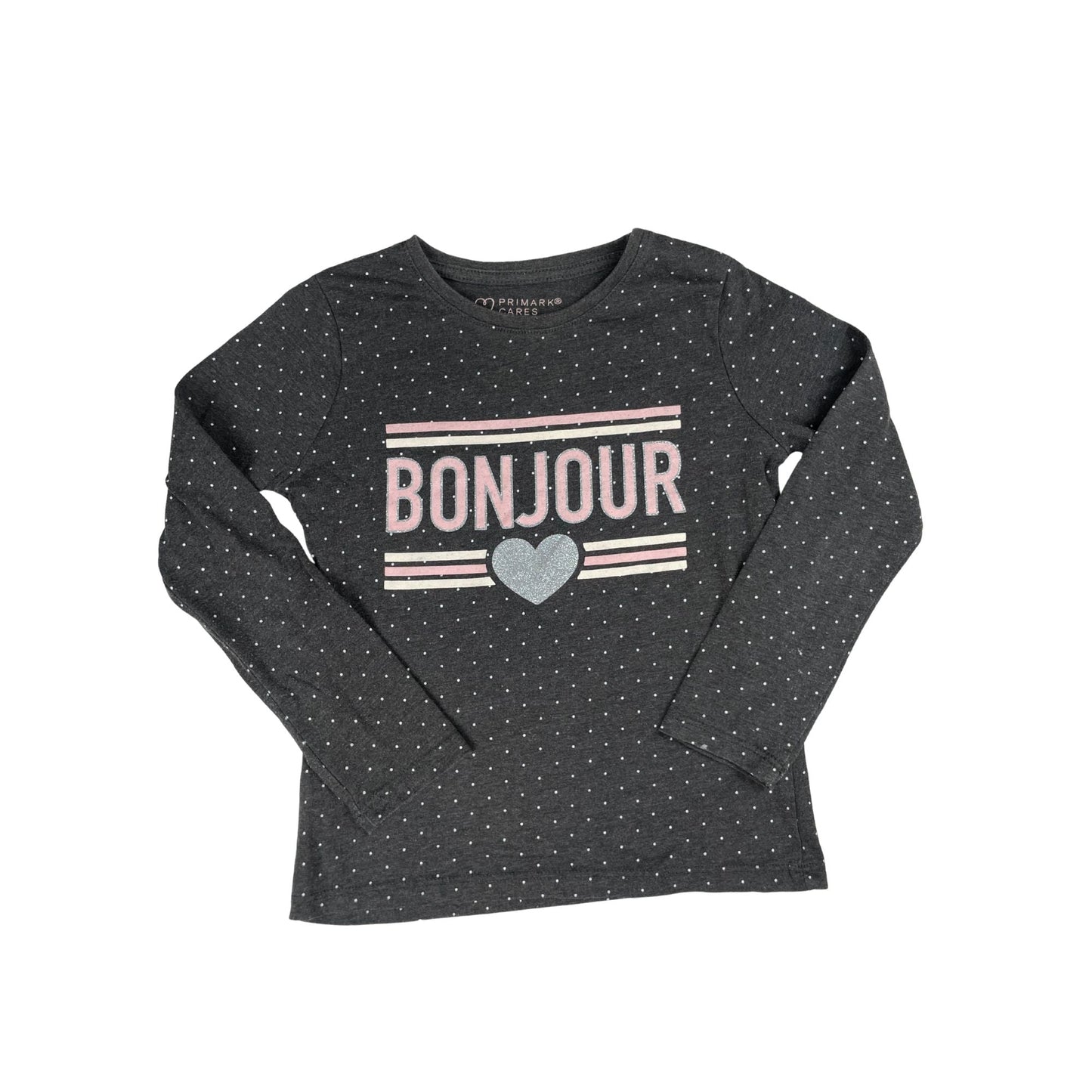 Graues Mädchen-Langarmshirt mit 'Bonjour' Print und Herzmotiv