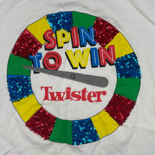 Weißes Twister T-Shirt für Kinder, Größe 12 Jahre, mit buntem Spin-to-Win Print – detail