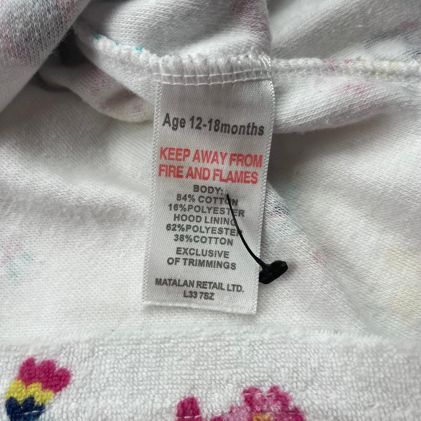 Weißes Kapuzenkleid mit Tukan- und Blumenmuster, Größe 12-18 Monate – label