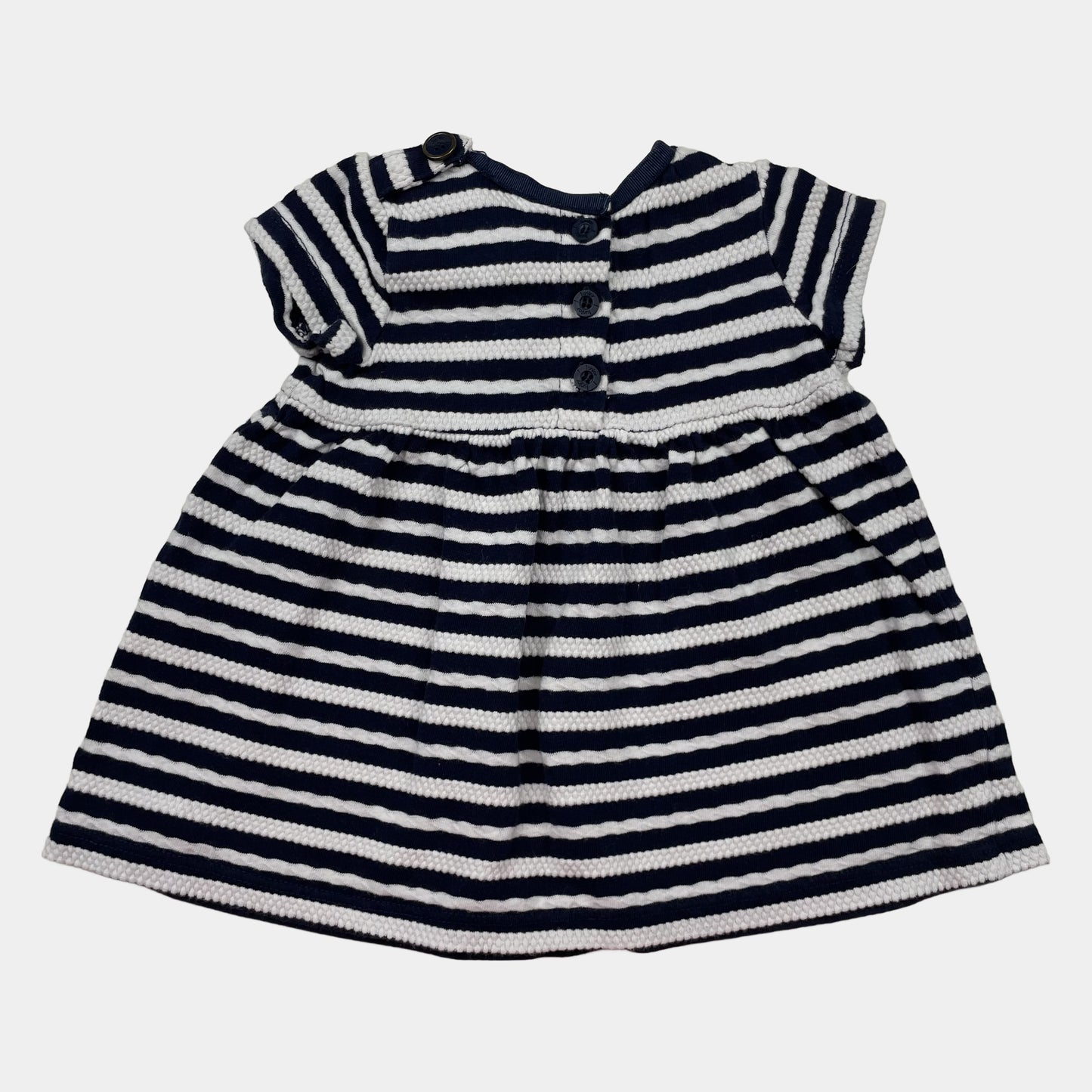 Blau-weißes gestreiftes Baumwoll-Kleid für Babys mit kurzen Ärmeln – back
