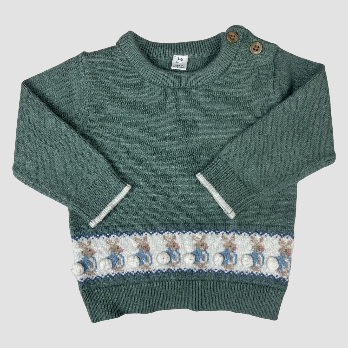 Grüner Baby-Pullover von M&S mit Peter-Rabbit-Motiv und Schulterknöpfen, Größe 3–6 Monate – front