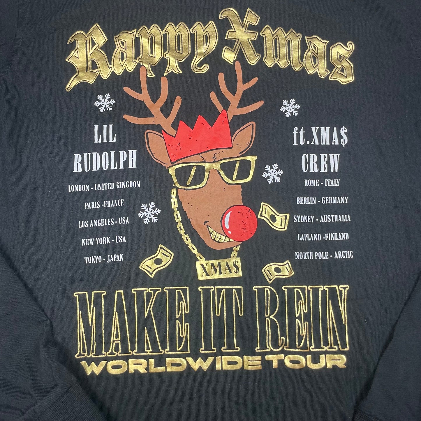 Schwarzes Langarmshirt von George mit weihnachtlichem Print „Rappy Xmas“ und Rentiermotiv, Größe 14–15 Jahre. – detail