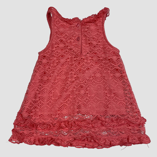 Korallenrosa Spitzenkleid für Kleinkinder, ärmellos, mit Satin-Schleife und Rüschen 4