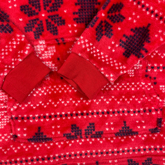 Roter Fleece-Hoodie mit Norwegermuster, Kapuze und Kängurutasche, Größe 2–4 Jahre – detail