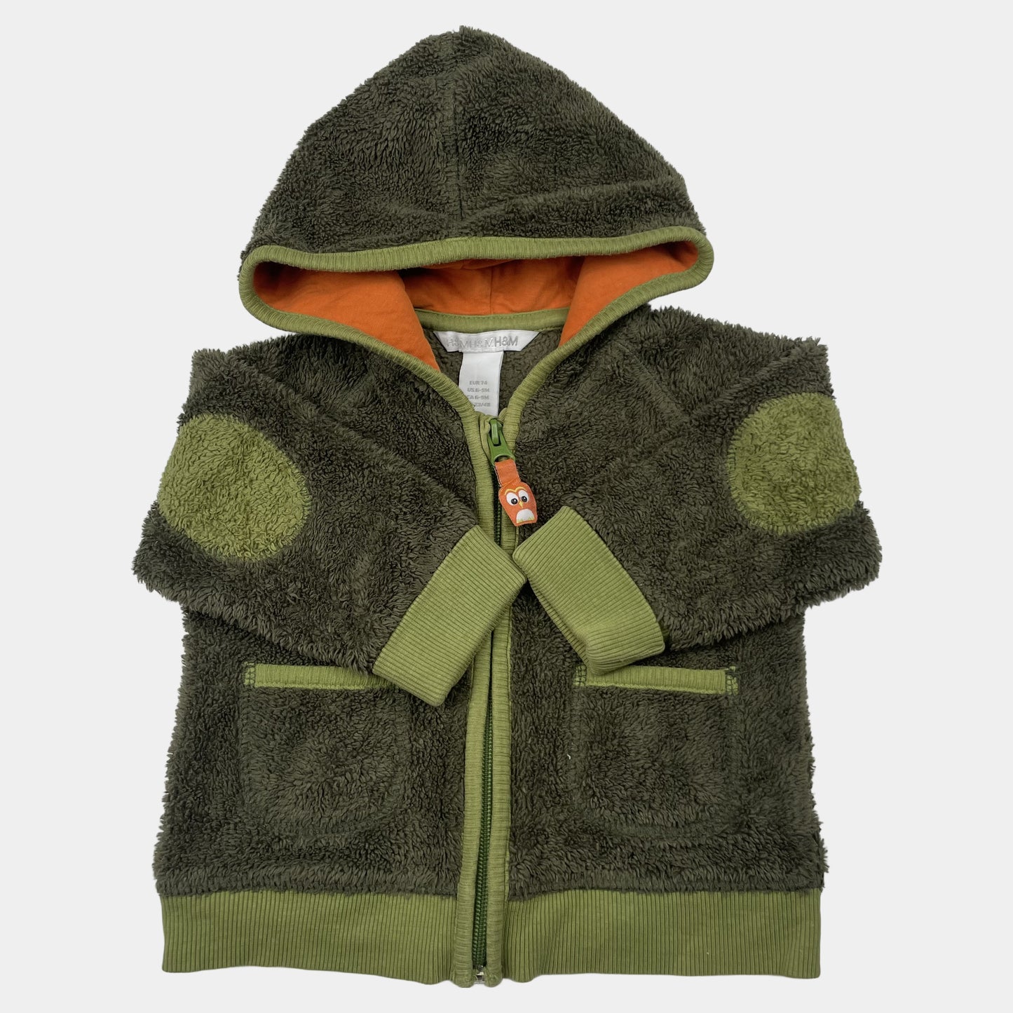 Grüne Fleece-Kapuzenjacke mit Ellbogen-Patches und Taschen, Größe 74 – front