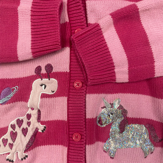 Rosa und pink gestreifte Kapuzen-Strickjacke mit Einhorn- und Dinosauriermuster für Kinder – detail