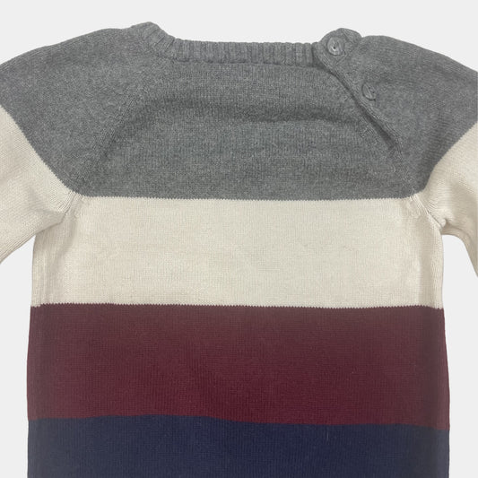 Grauer, roter und blauer Baumwollpullover mit Colorblock-Design – back
