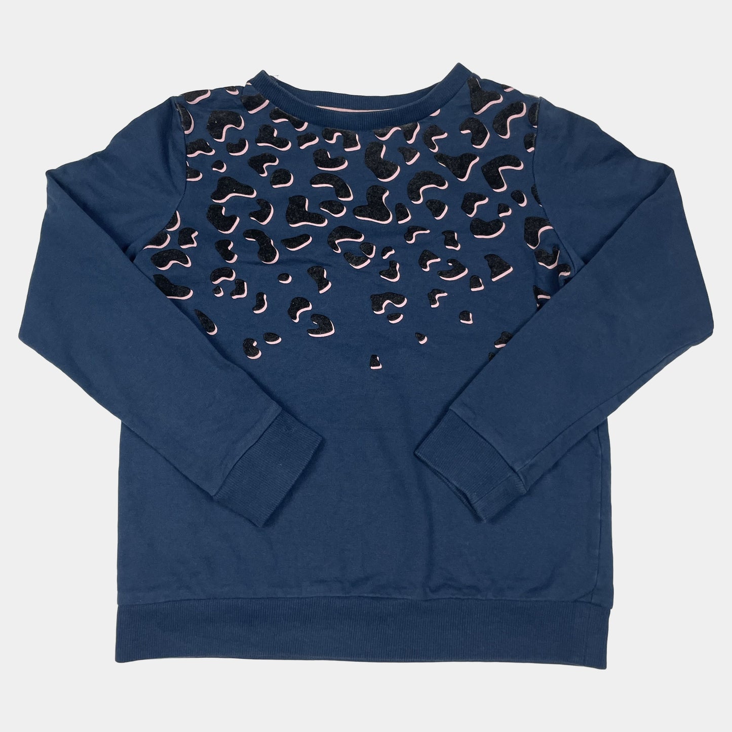 Dunkelblauer Baumwollpullover mit Tierprint in Schwarz und Rosa, Größe 10-11 Jahre. – front