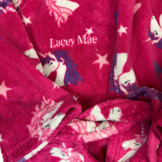 Pinkfarbener Fleece-Bademantel mit Kapuze, Einhorn-Print und Bindegürtel – inside