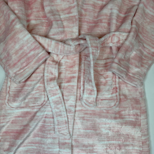 Rosa Fleece-Bademantel für Kinder mit Hasenohren an der Kapuze, Bindegürtel und Taschen – fabric