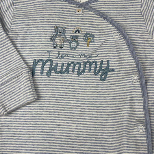 Blaugrauer gestreifter Baumwoll-Schlafanzug mit weißem Fußmuster und