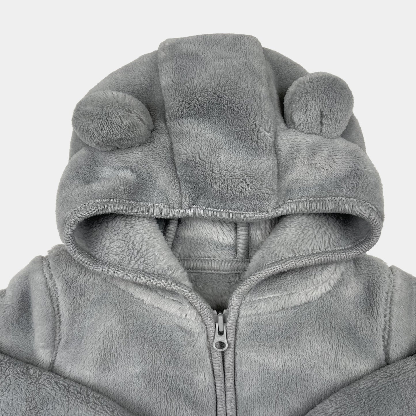 Graue Fleecejacke mit Kapuze und niedlichen Ohren für Babys. – fabric