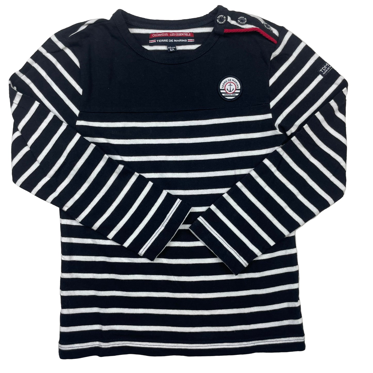 Dunkelblau-weißes Ringel-Langarmshirt von Terre de Marins mit Schulterknöpfen und Logo-Patch, Größe 116 – front