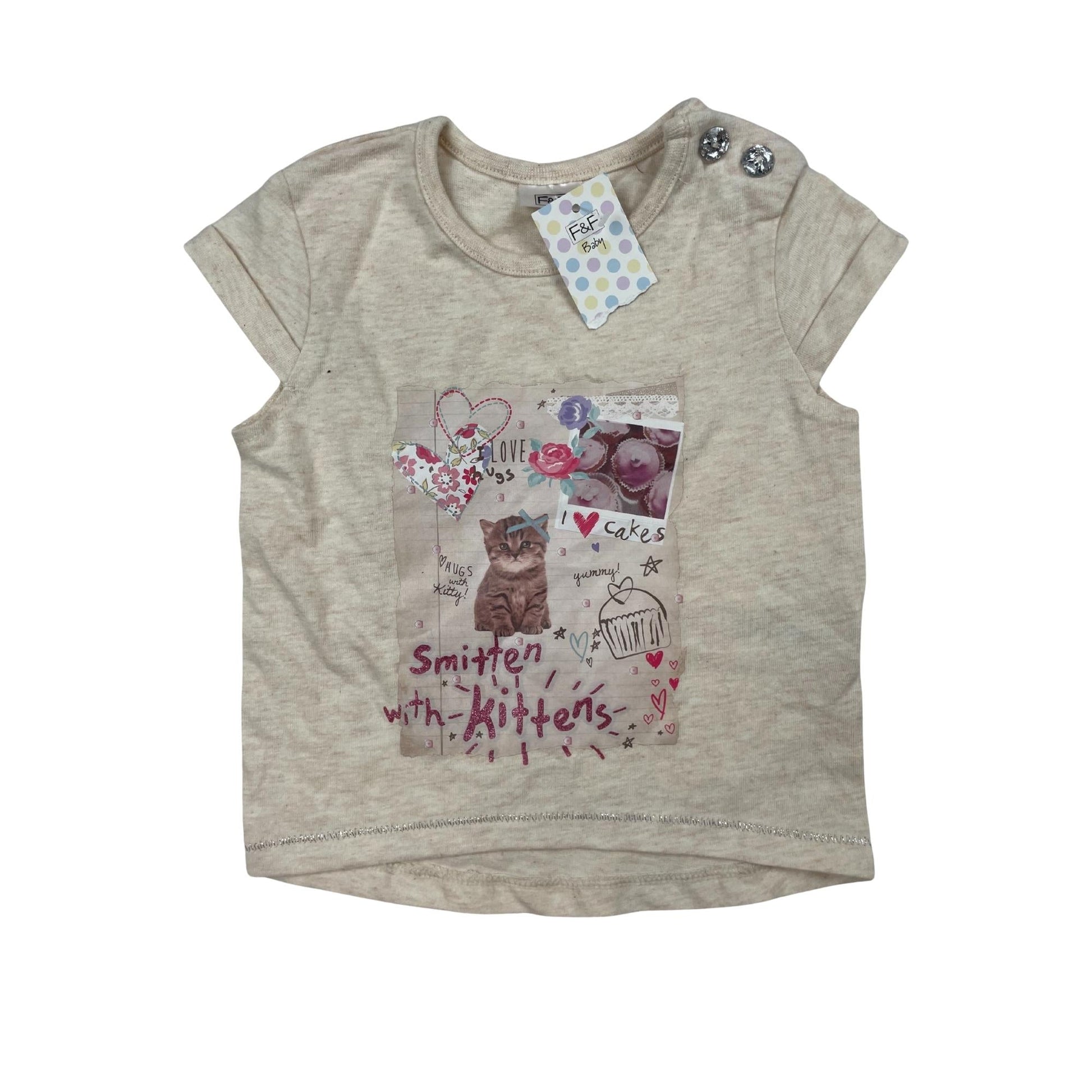 Beiges T-Shirt, Katzenmotiv, Mädchen, Größe 0-3 Monate