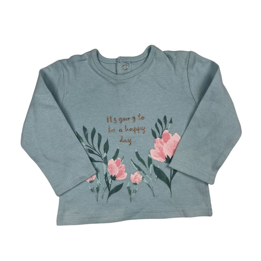 Hellblaues Langarmshirt, Mädchen, Blumenmotiv, Größe 3-6 Monate