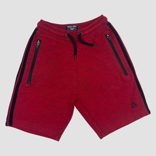 Rote Kinder-Sweatshorts mit schwarzen Reißverschluss-Taschen und seitlichen Streifen – front