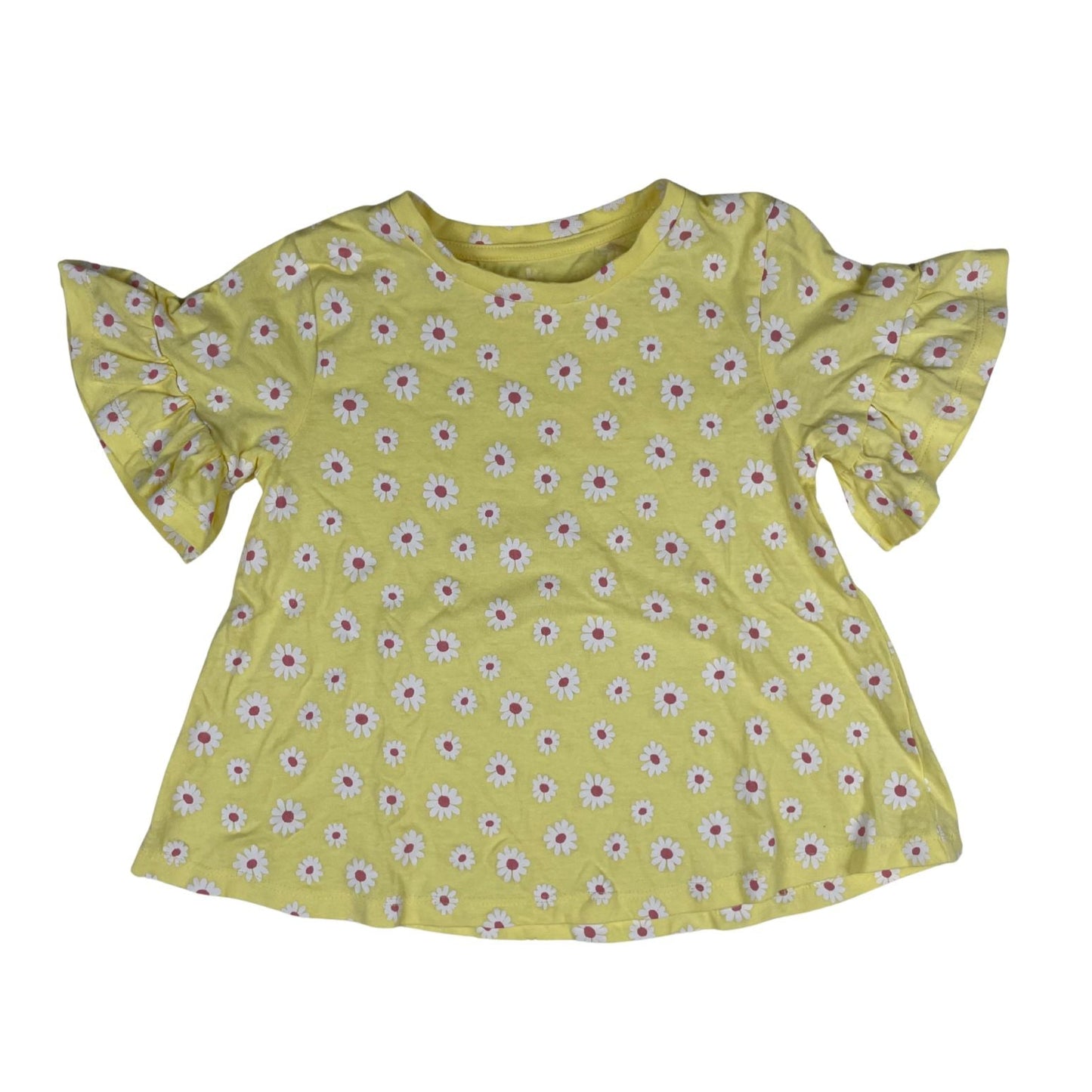 Gelbes T-Shirt mit Blumenmuster und Volantärmeln