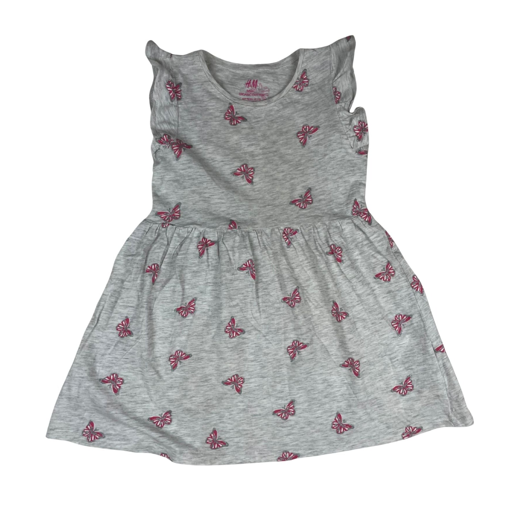 Graues Kleid mit rosa Schmetterlingsmuster