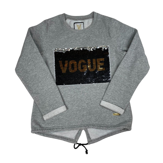 Grauer Pullover mit Pailletten-Vogue-Motiv für Mädchen