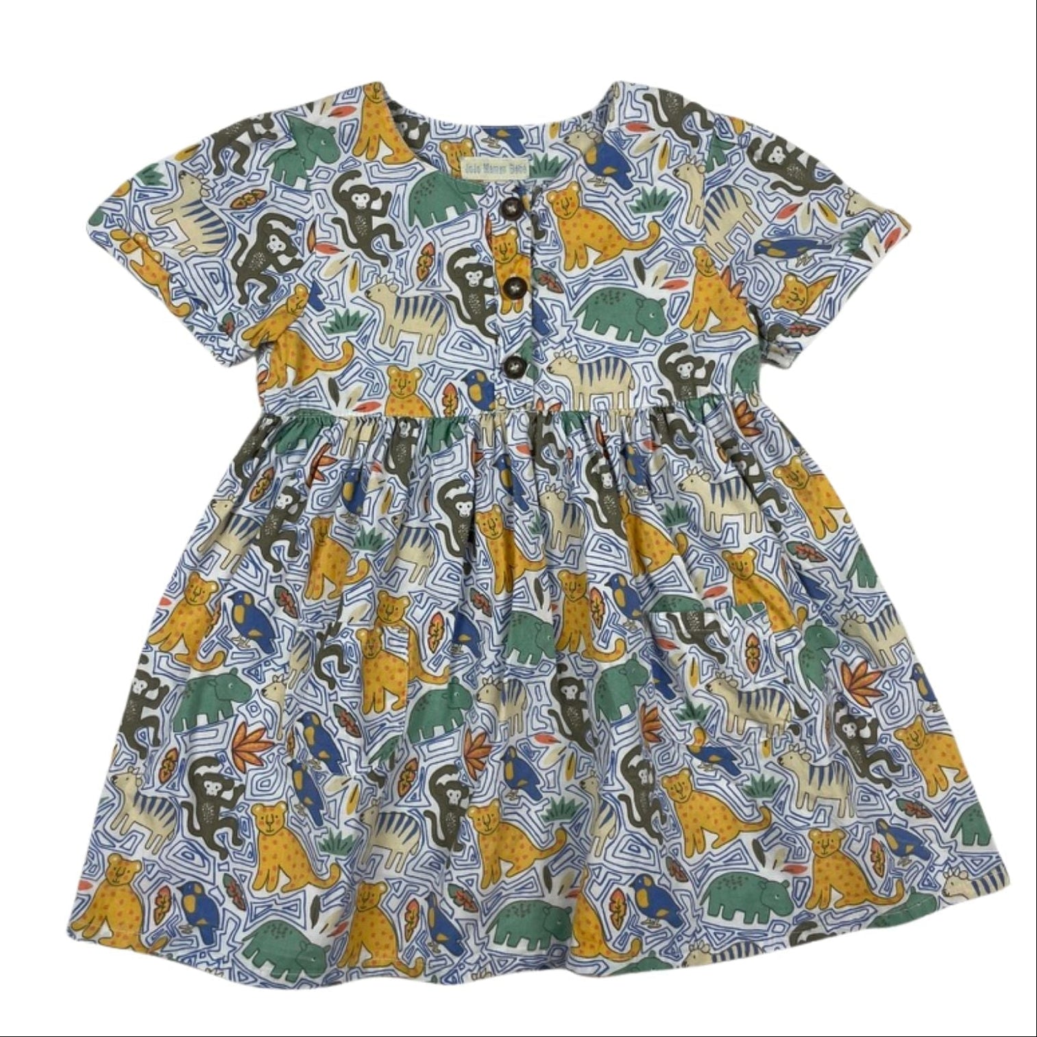 Buntes Kinderkleid mit Tiermuster und Knopfleiste