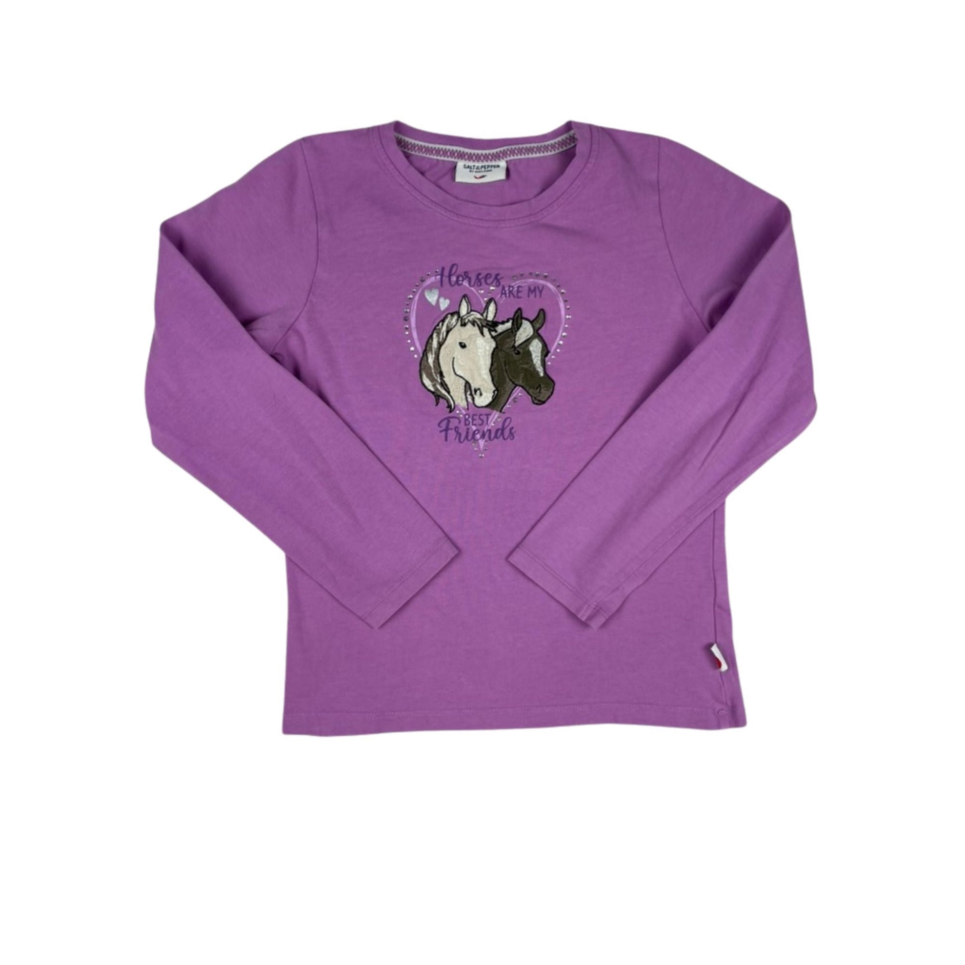 Lila Langarmshirt mit Pferdemotiv, Größe 128/134