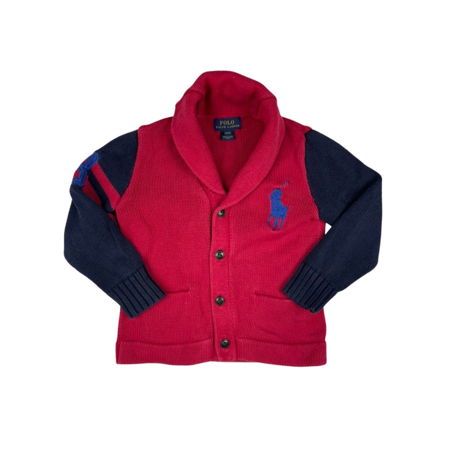 Rot-schwarze Strickjacke mit Schalkragen und Knopfleiste