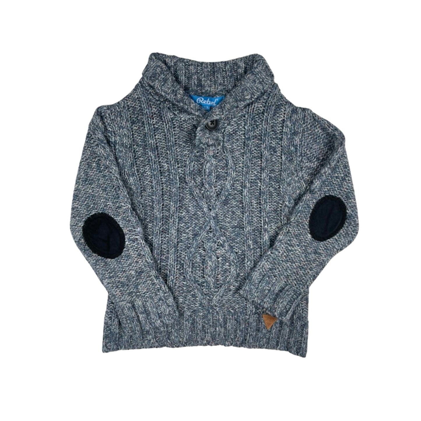 Grauer Strickpulli mit Knopfleiste und Ellbogenpatches