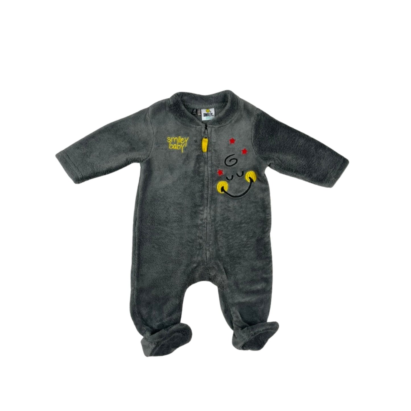 Grauer Fleece-Strampler mit Stickerei „Smiley Baby“ und Sternen, Reißverschluss vorne, Größe 60