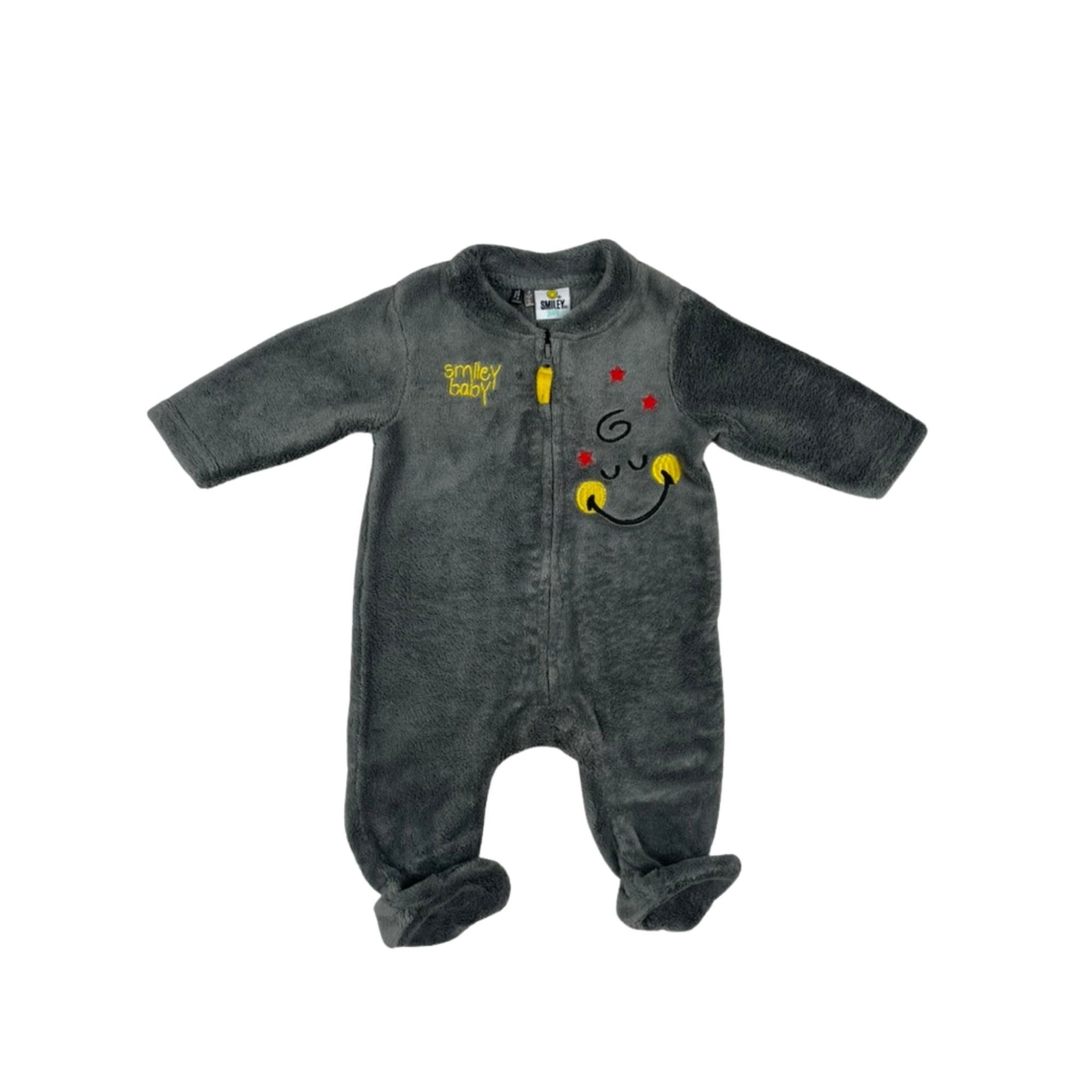 Grauer Fleece-Strampler mit Stickerei „Smiley Baby“ und Sternen, Reißverschluss vorne, Größe 60