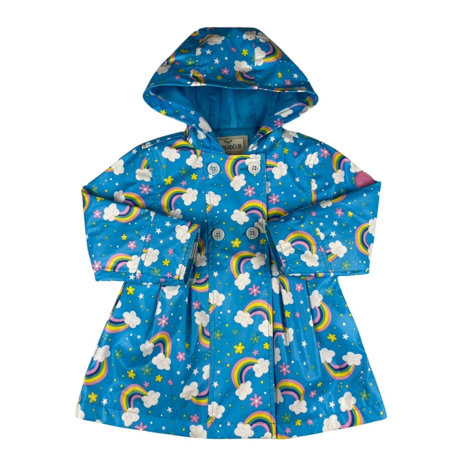 Blaue Kinder-Regenjacke von Threadcub mit Regenbogenmuster und Kapuze, Größe 12–18 Monate