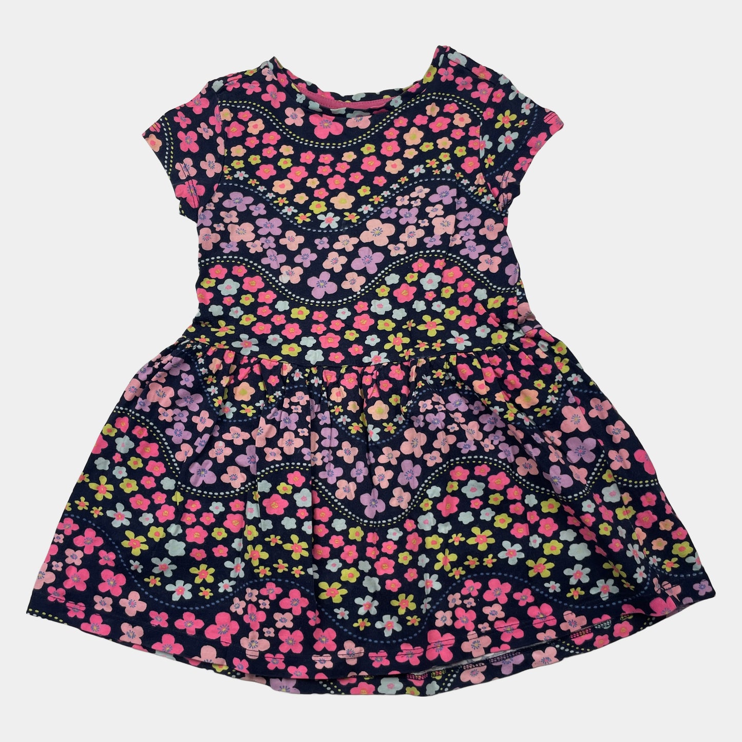 Mehrfarbiges Baumwoll-Kleid mit Blumenmuster und kurzen Ärmeln – front