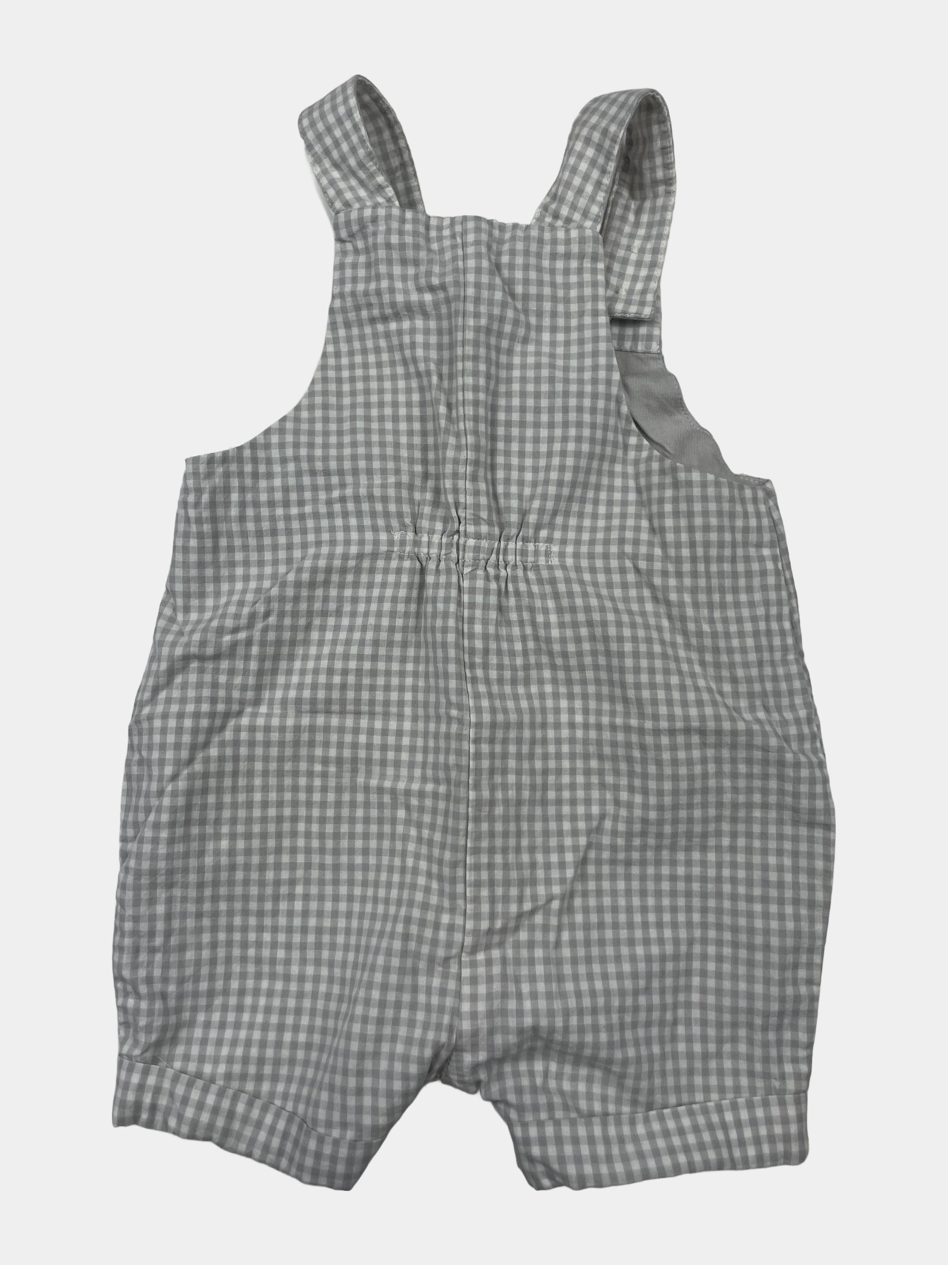 Graue karierte Latzhose für Babys mit Holzknöpfen – back