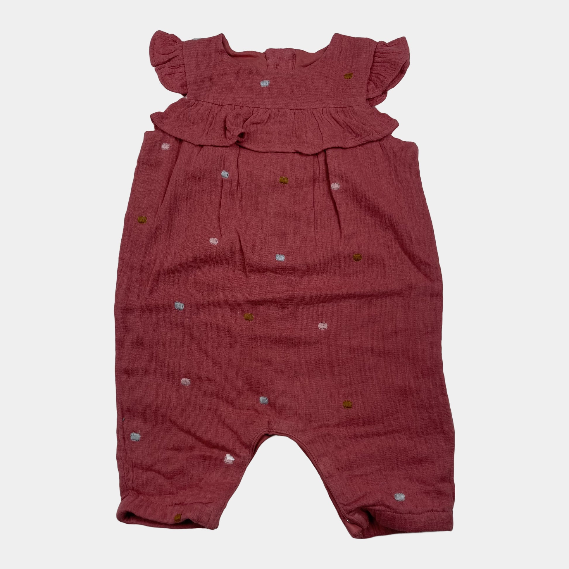 Rosa Musselin Baumwoll-Overall mit Punktmustern und Rüschen – front