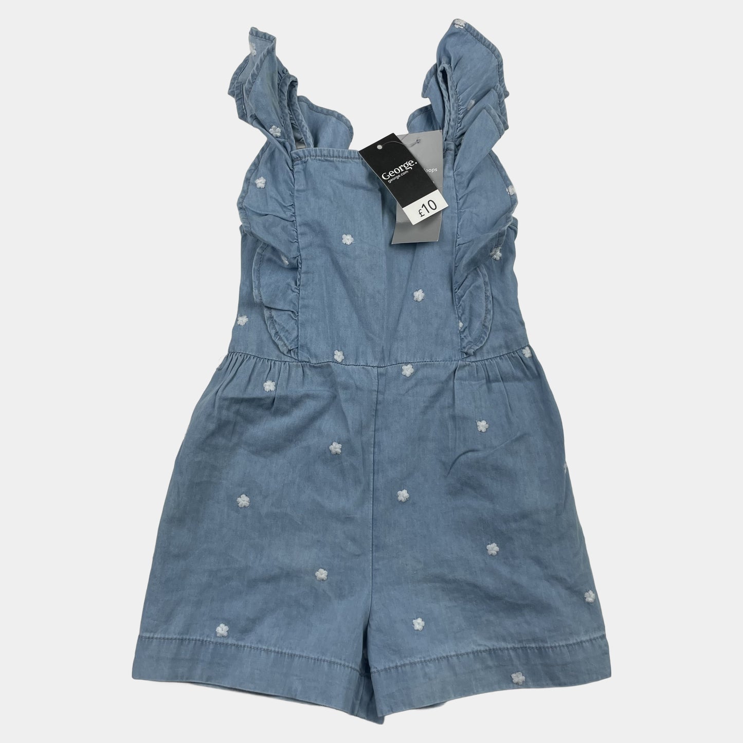 Blauer Denim-Overall mit Rüschen und Blumenstickereien für 4-5 Jahre – front