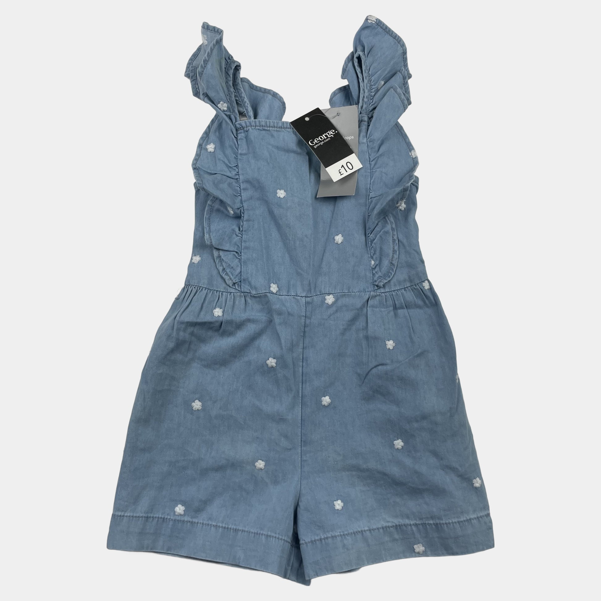 Blauer Denim-Overall mit Rüschen und Blumenstickereien für 4-5 Jahre – front