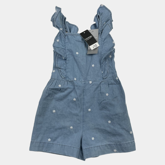 Blauer Denim-Overall mit Rüschen und Blumenstickereien für 4-5 Jahre – front