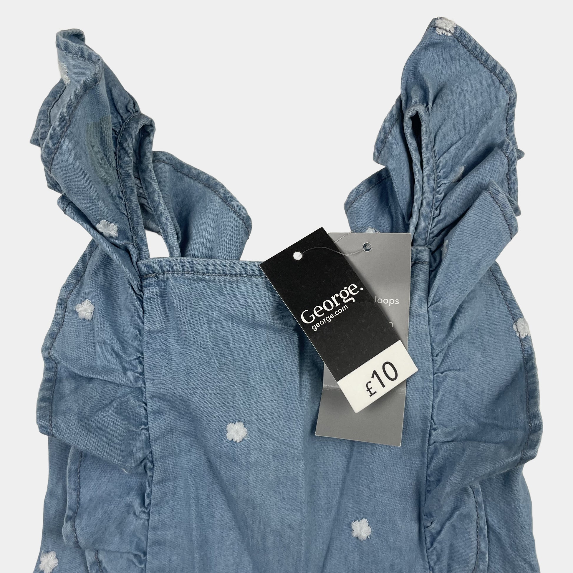 Blauer Denim-Overall mit Rüschen und Blumenstickereien für 4-5 Jahre – detail