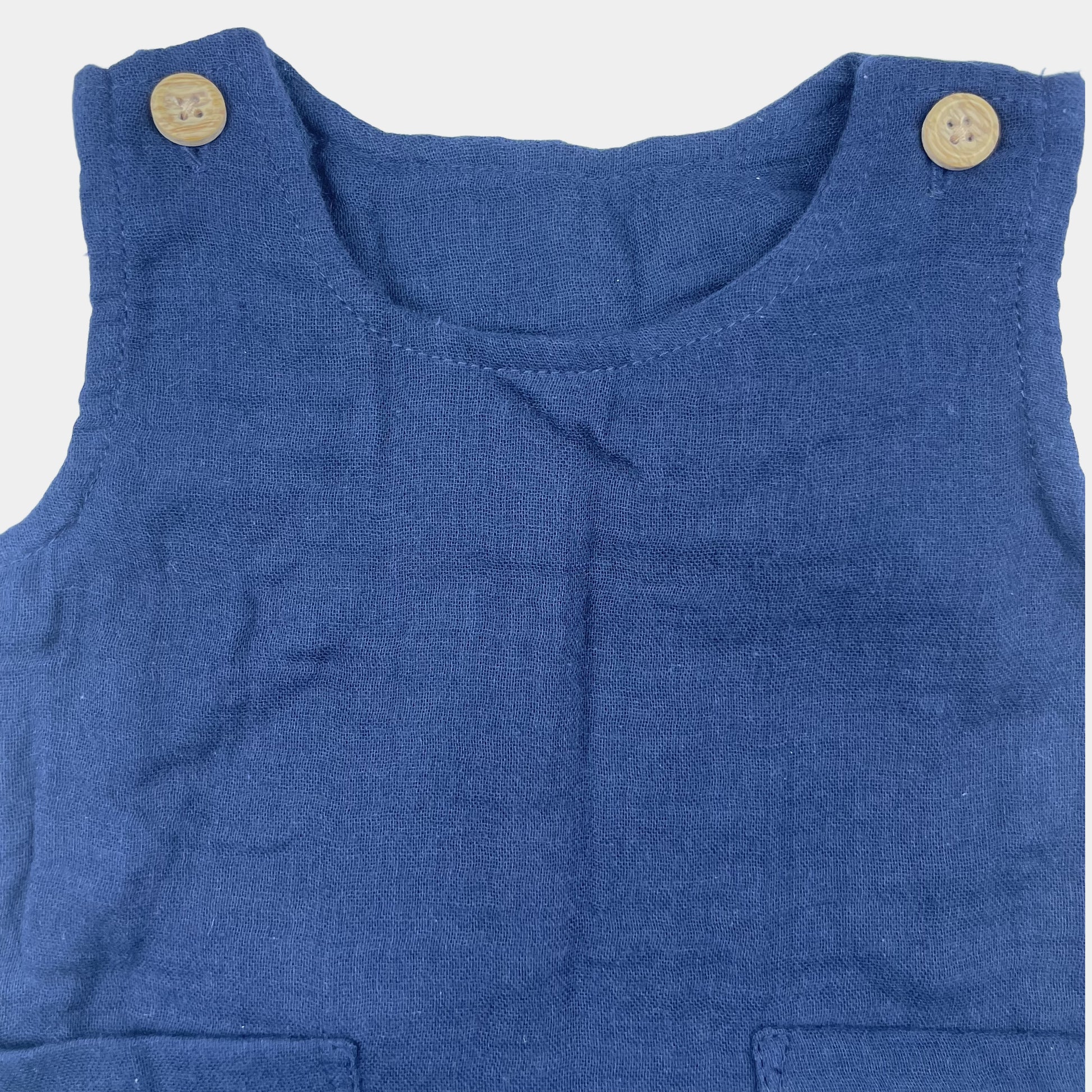 Dunkelblauer Overall für Babys mit Knöpfen und Taschen. – detail
