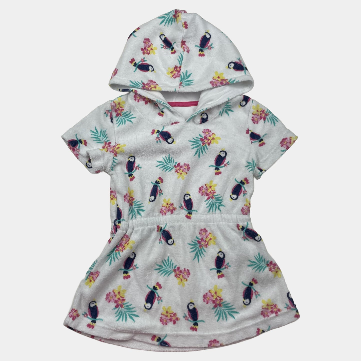 Weißes Kapuzenkleid mit Tukan- und Blumenmuster, Größe 12-18 Monate – front