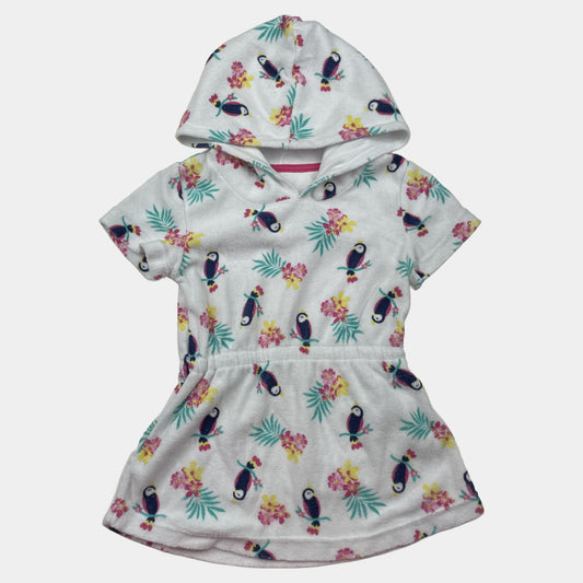 Weißes Kapuzenkleid mit Tukan- und Blumenmuster, Größe 12-18 Monate – front