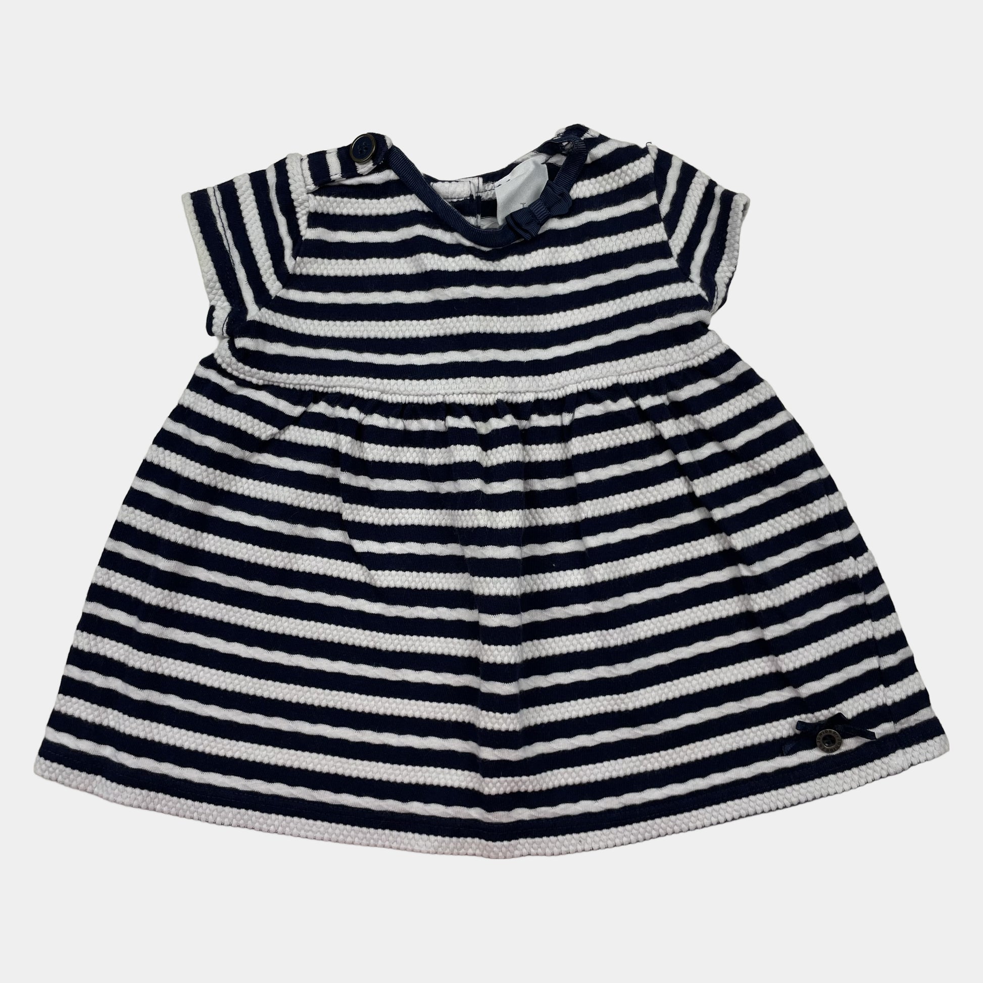 Blau-weißes gestreiftes Baumwoll-Kleid für Babys mit kurzen Ärmeln – front