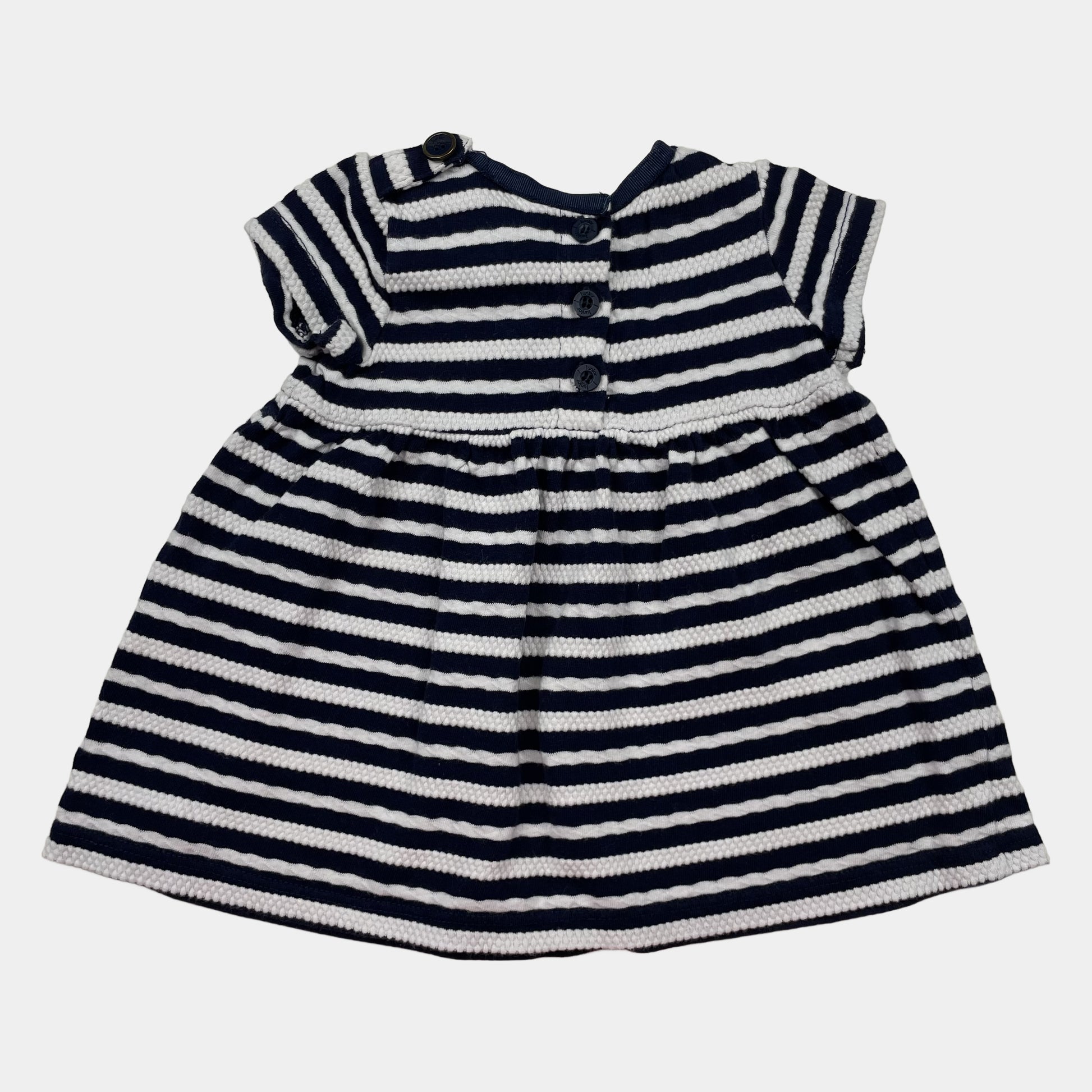Blau-weißes gestreiftes Baumwoll-Kleid für Babys mit kurzen Ärmeln – back