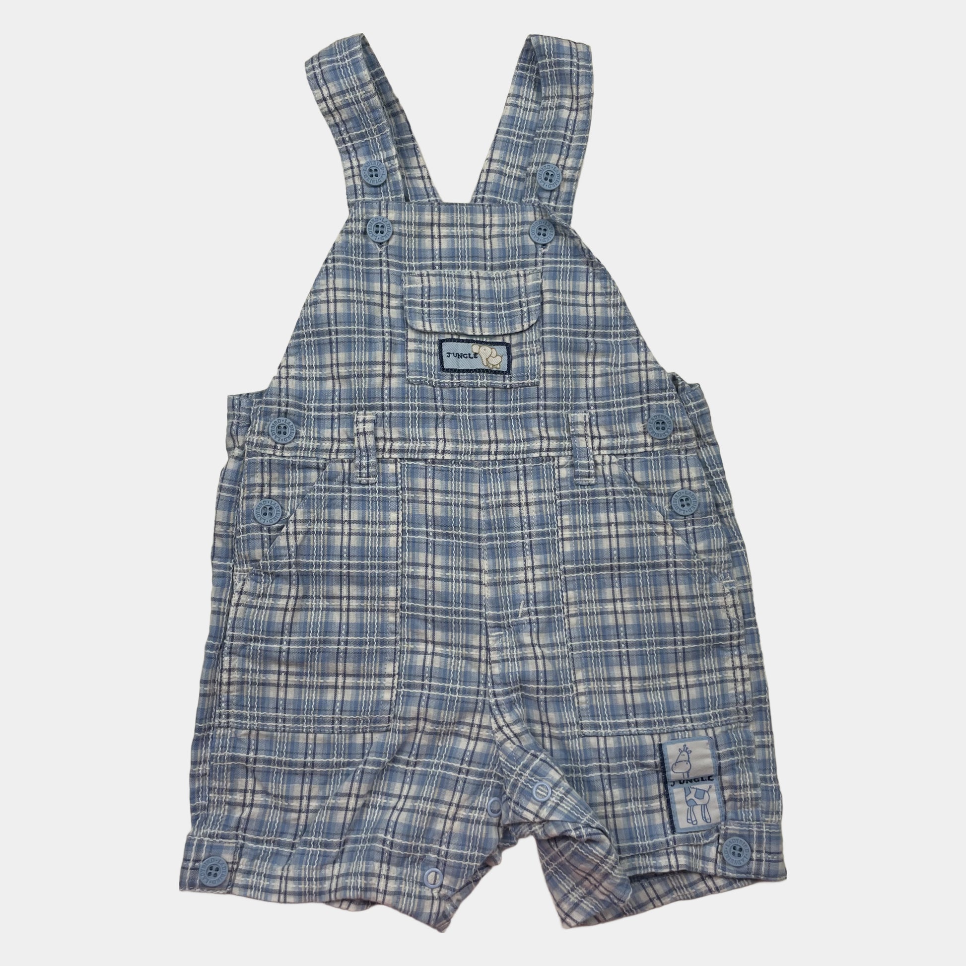 Blauer Baumwoll-Overall mit kariertem Muster und Taschen. – front