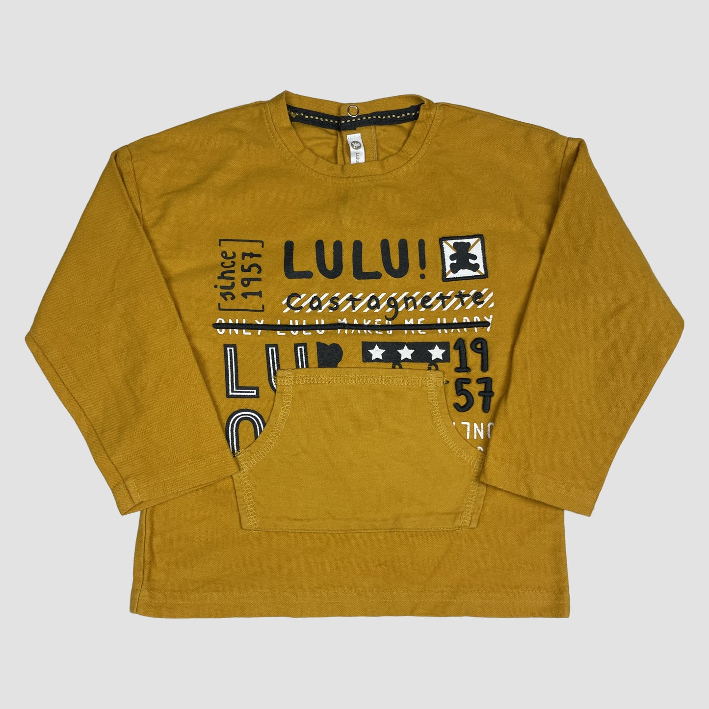 Gelbes LuluCastagnette Sweatshirt mit Print und Kängurutasche, Größe 24M – back