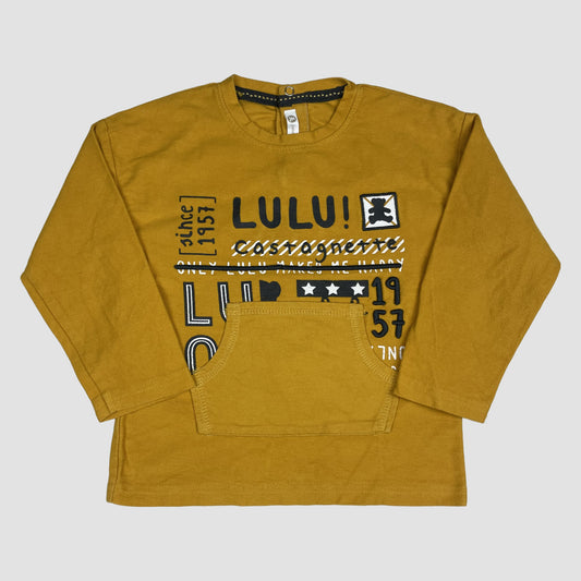 Gelbes LuluCastagnette Sweatshirt mit Print und Kängurutasche, Größe 24M – back