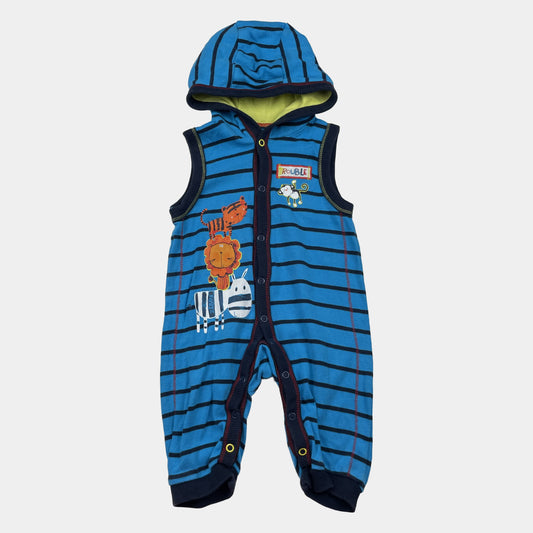 Blauer gestreifter Baby-Overall mit Kapuze und Tiermotiven – front