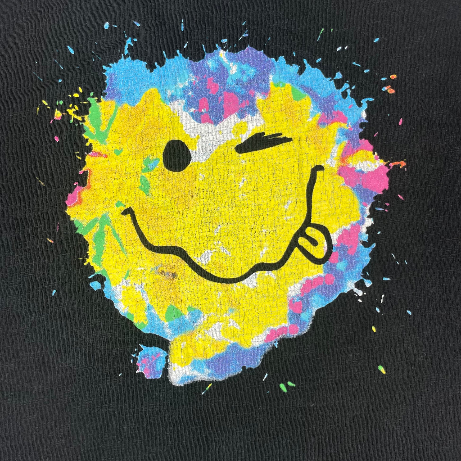 Schwarzes Kinder-T-Shirt von Next mit bunter Smiley-Grafik, kurze Ärmel, Rundhalsausschnitt, Größe 146 – detail