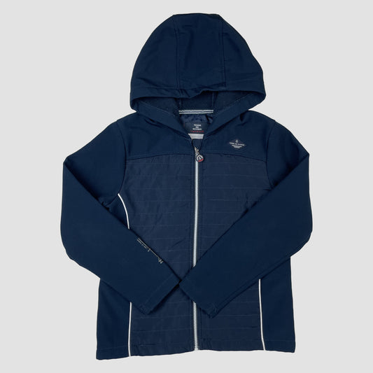 Dunkelblaue Kinder-Kapuzenjacke mit Reißverschluss und gesteppter Front – detail