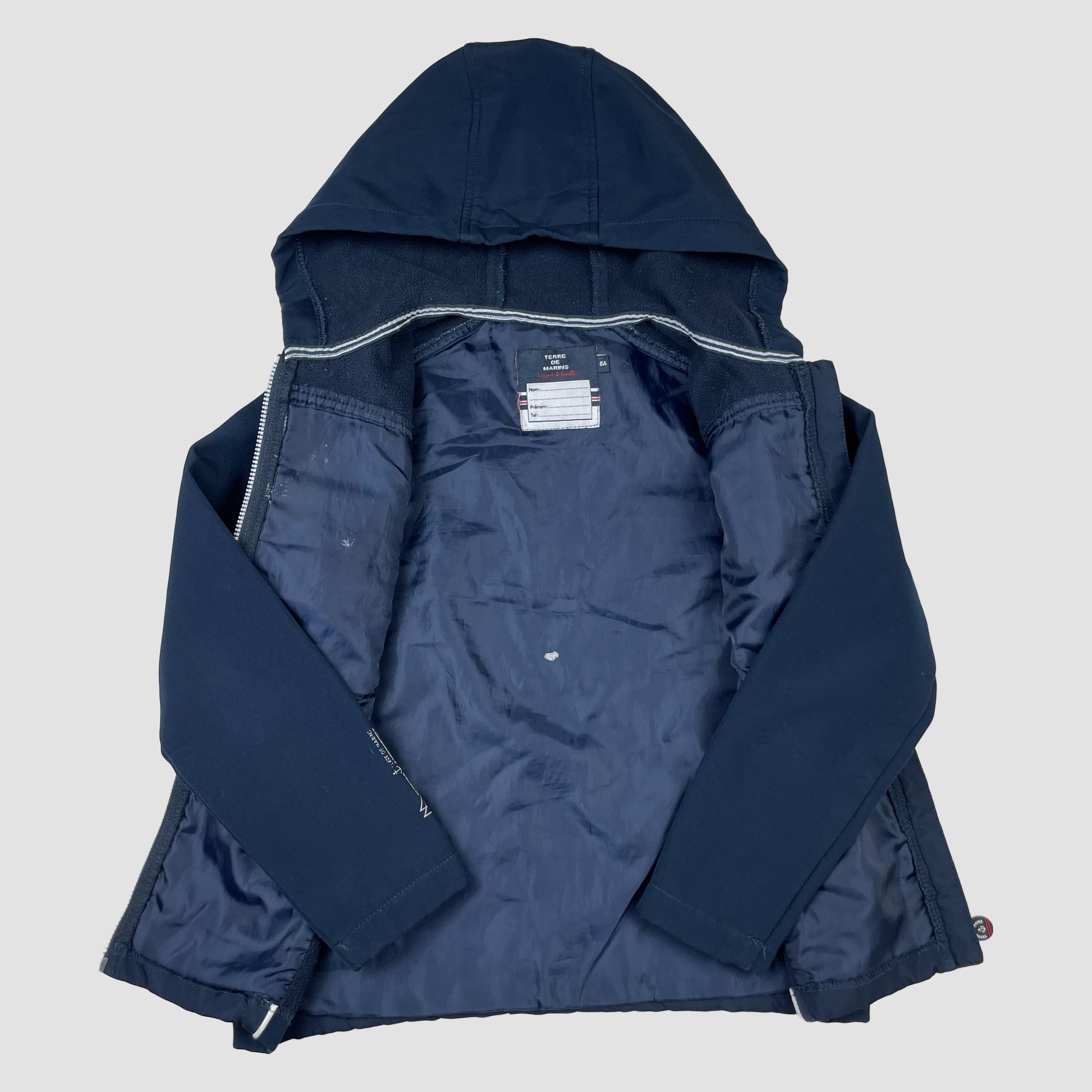 Dunkelblaue Kinder-Kapuzenjacke mit Reißverschluss und gesteppter Front – inside