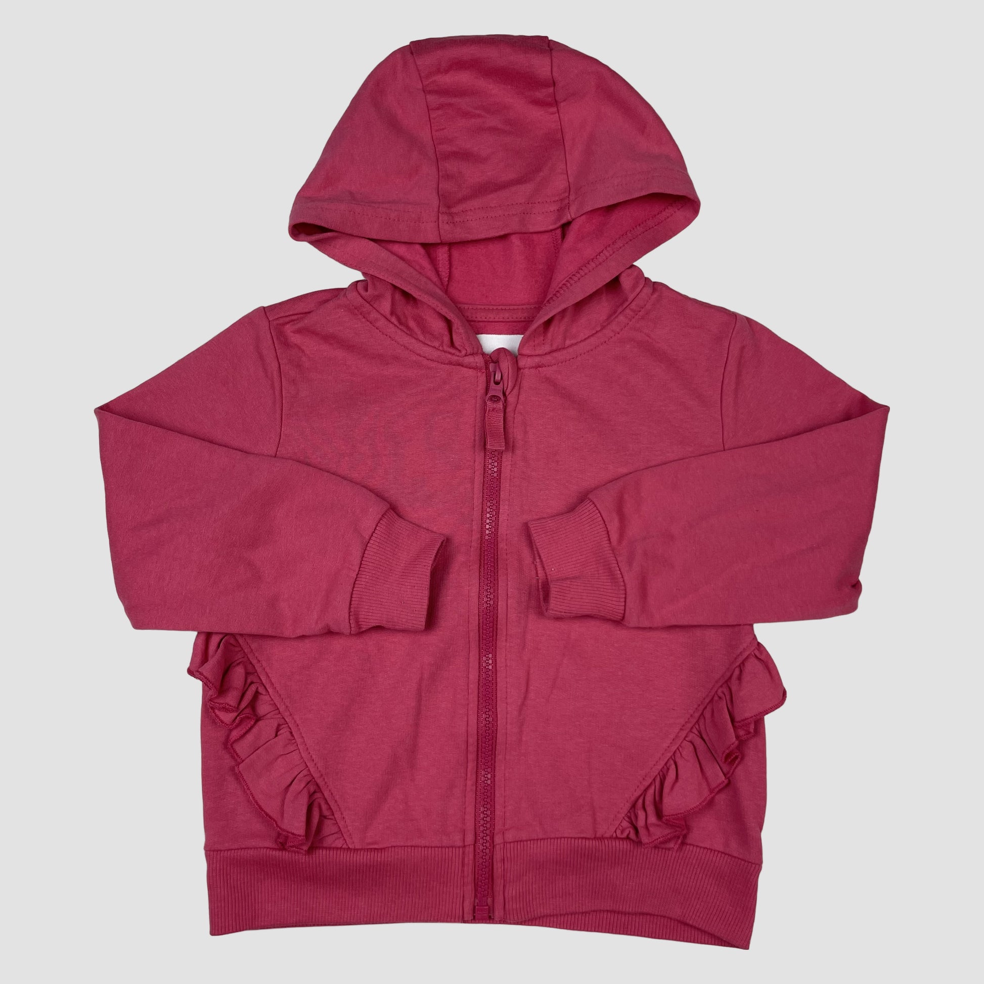 Pinkfarbene Sinsay Kinder-Kapuzen-Sweatjacke mit Rüschen, Größe 104 – front